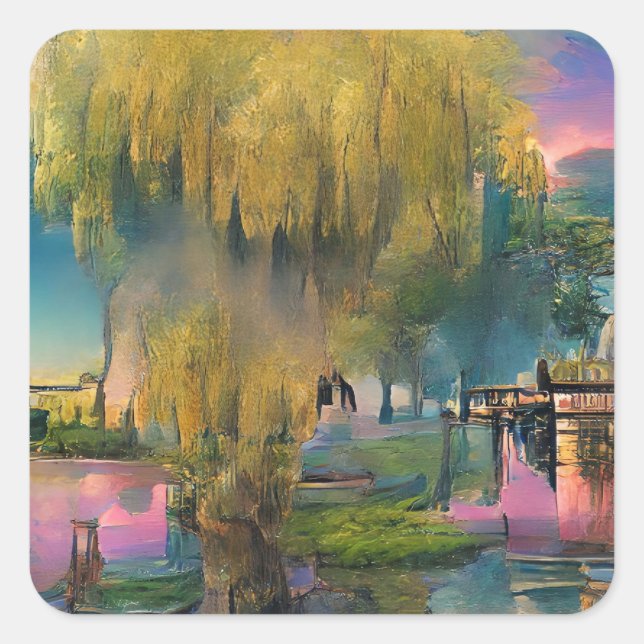 Willow tree at sunset by the pond  square sticker (Front)