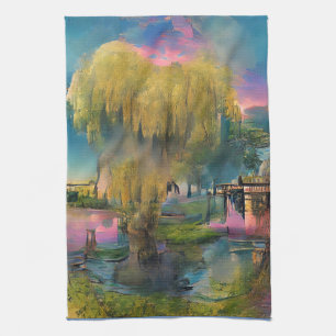 Willow tree at sunset by the pond  tea towel