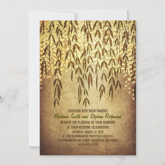 Willow Tree Branches String Lights Wedding Invites (Front)