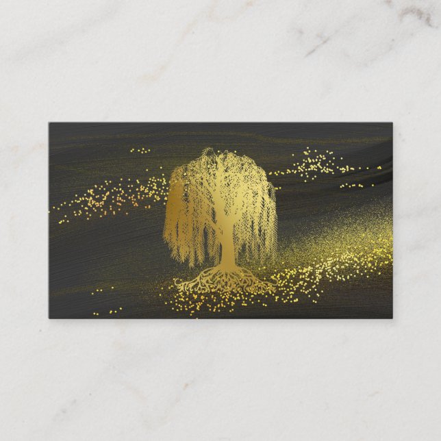 *~* Willow Tree Gold Dust Black Gold Glitter Business Card (Front)
