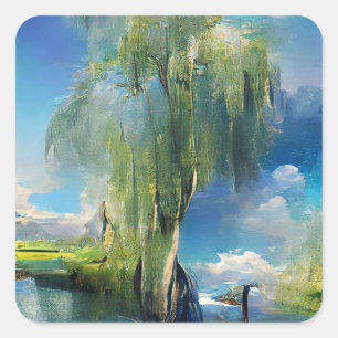 Willow tree to the sky Abstract  Square Sticker