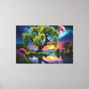 Willow tree under a Full Moon N Starry sky Sunset Canvas Print