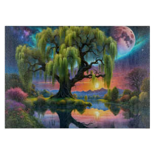 Willow tree under a Full Moon N Starry sky Sunset Cutting Board