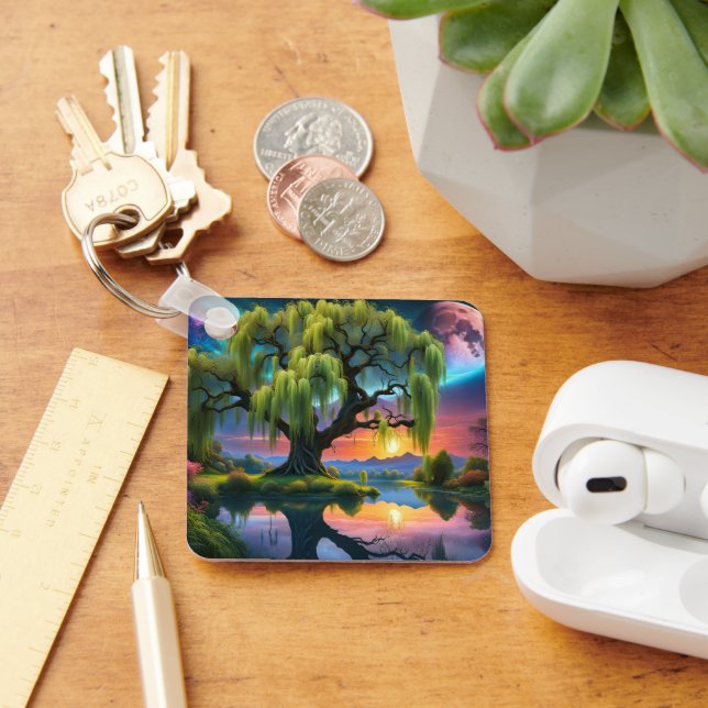 Willow tree under a Full Moon N Starry sky Sunset Key Ring (Desk)