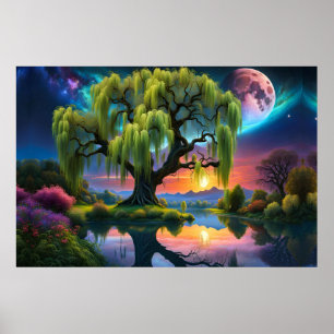 Willow tree under a Full Moon N Starry sky Sunset Poster