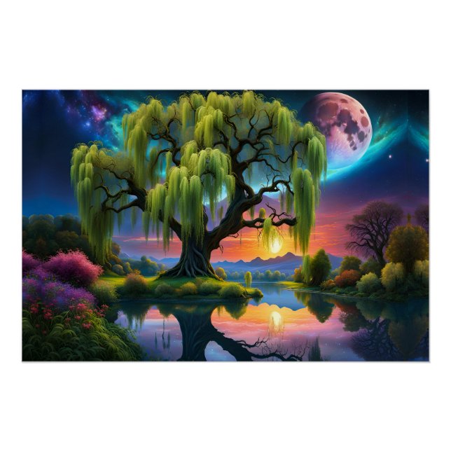 Willow tree under a Full Moon N Starry sky Sunset Poster (Front)
