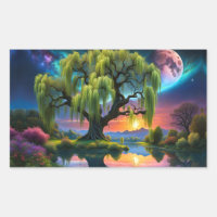 Willow tree under a Full Moon N Starry sky Sunset