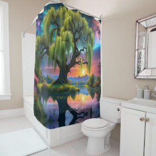 Willow tree under a Full Moon N Starry sky Sunset Shower Curtain
