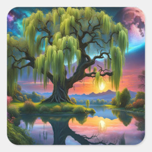 Willow tree under a Full Moon N Starry sky Sunset Square Sticker