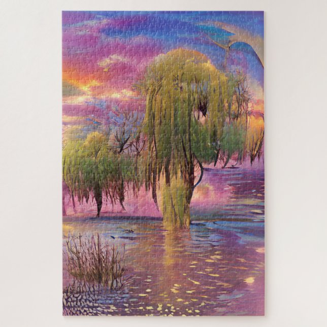  Willow trees at Pink sunset by the pond  Jigsaw Puzzle (Vertical)