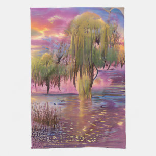  Willow trees at Pink sunset by the pond  Tea Towel