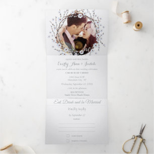 Willow Twig Cerulean Blue Floral Wreath Wedding Tri-Fold Invitation