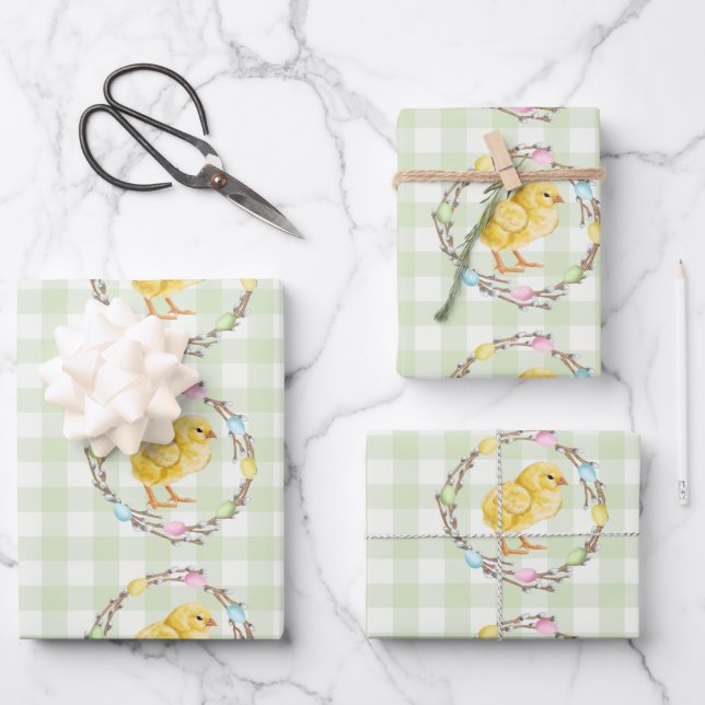Willow Wreath With Eggs And Chick Green Gingham Wrapping Paper Sheet (Front)