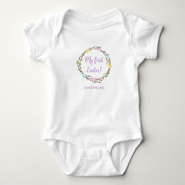 Willow Wreath With Pastel Eggs My First Easter Baby Bodysuit (Front)