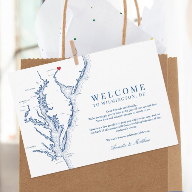 Wilmington Delaware Wedding Welcome and Itinerary Thank You Card (These Wilmington Delaware wedding welcome letters have your wedding itinerary on the back)