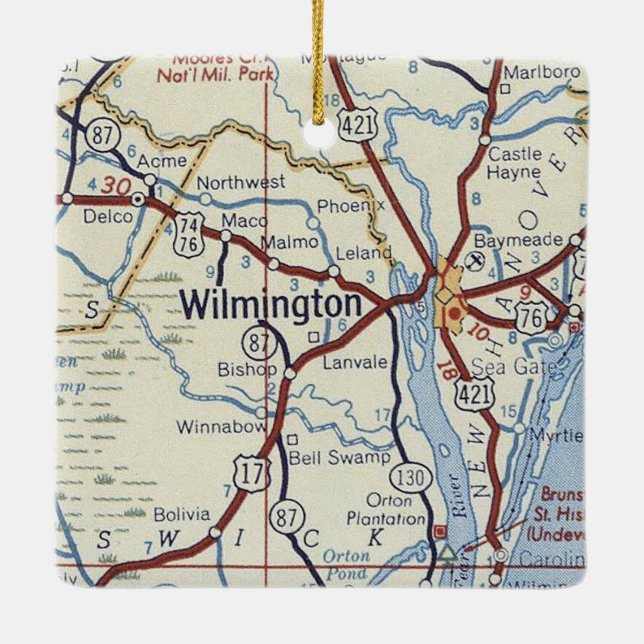 Wilmington NC Vintage Map Ceramic Ornament (Back)