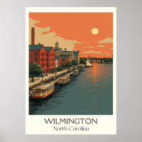 Wilmington NC Vintage Riverfront City Sunset Art
