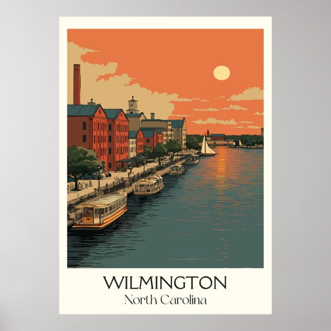 Wilmington NC Vintage Riverfront City Sunset Art Poster (Front)