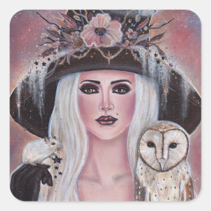 Wilona Witch with owl and mouse by Renee Lavoie Square Sticker