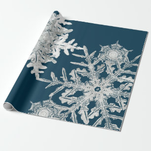 WILSON BENTLEY SNOW FLAKE COLLAGE ON NIGHT BLUE WRAPPING PAPER