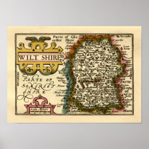 Wiltshire County Map, England Poster