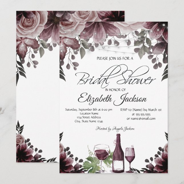 Wime bottle Glass Lights Floral Bridal Shower Invitation (Front/Back)