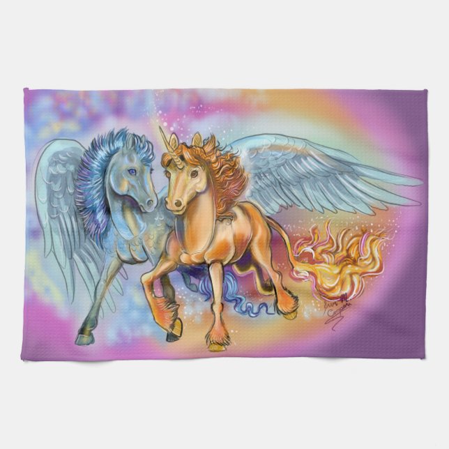 Wind and Flame, Pegasus and Unicorn Tea Towel (Horizontal)