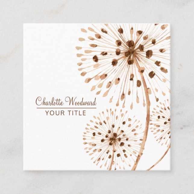 Wind Blown Dandelions Watercolor Flowers Square Business Card (Front)