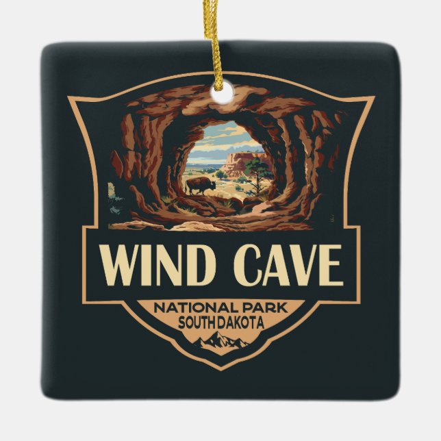Wind Cave National Park Illustration Retro Badge Ceramic Ornament (Front)