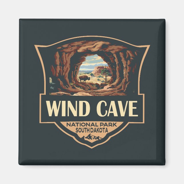 Wind Cave National Park Illustration Retro Badge Magnet (Front)