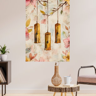 Wind chimes suspended from a flowering branch.  poster