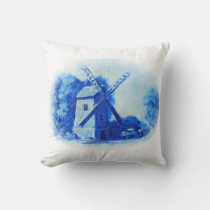 Wind mill, blue delft pattern, Folk floral print Cushion