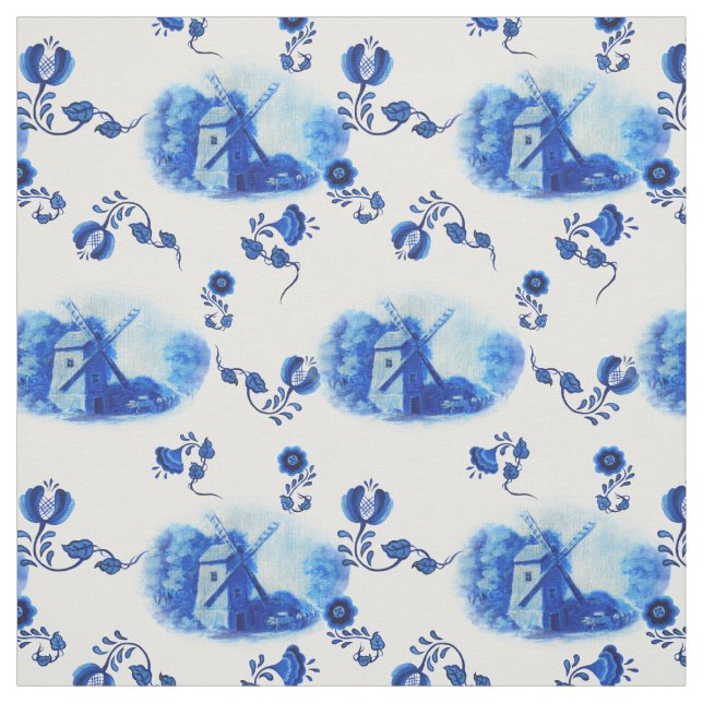 Wind mill, blue delft pattern, Folk floral print Fabric (Swatch)