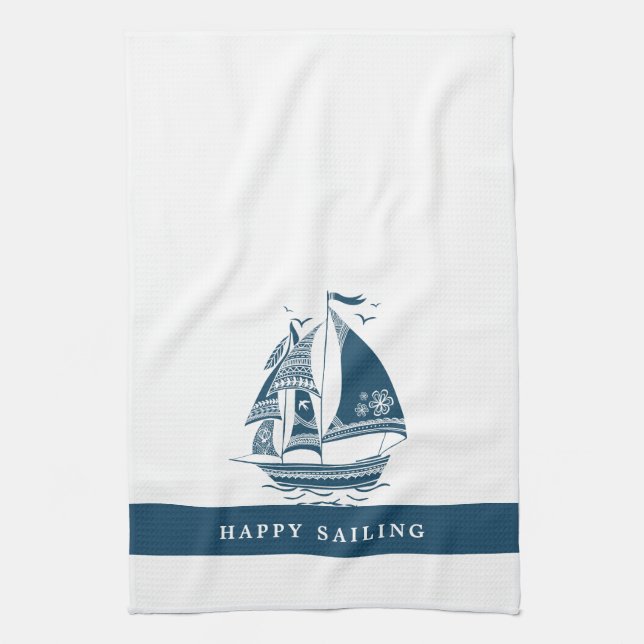 Wind Sailing Boat Tribal Design Tea Towel (Vertical)