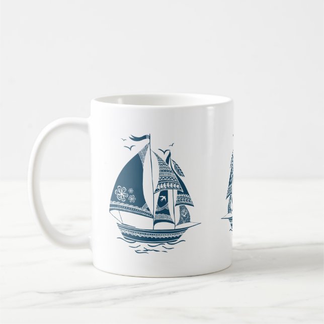 Wind Sailing Nautical Tribal Boat Illustration Coffee Mug (Left)