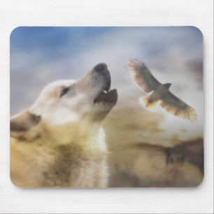 "Wind Talker" Wolf and Redtail Hawk Mousepad