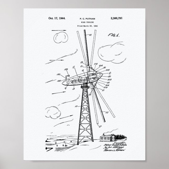 Wind Turbine 1944 Patent Art White Paper Poster (Front)