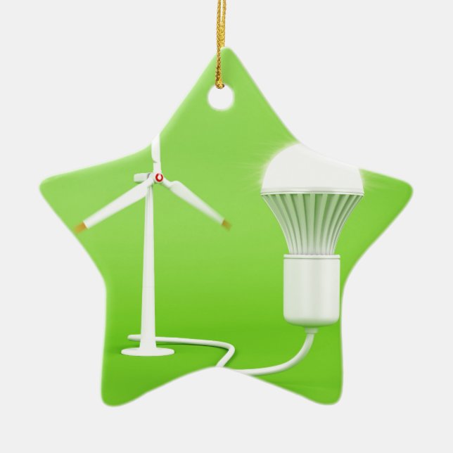 Wind turbine and glowing light bulb ceramic tree decoration (Front)