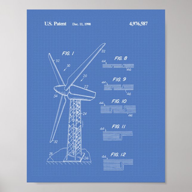 Wind Turbine Rotor 1990 Patent Art Blueprint Poster (Front)