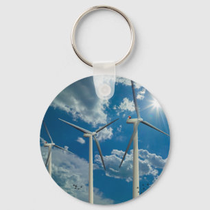 Wind Turbines Blue Sky with Birds Key Ring