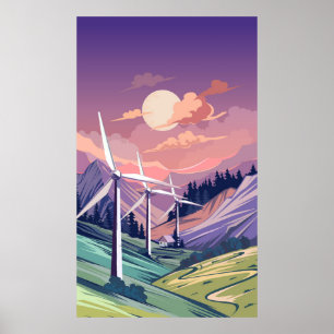 Wind turbines in mountainous poster