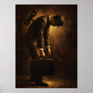 Wind-Up Office Man Surreal Routine Grind Oil Paint Poster