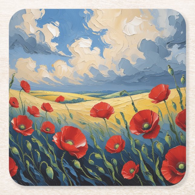 Wind whisper in poppies square paper coaster (Front)
