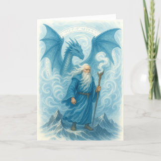 Wind Wizard and Dragon in Blue Watercolor Fantasy Card