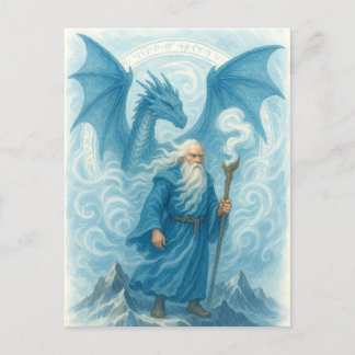 Wind Wizard and Dragon in Blue Watercolor Fantasy Postcard