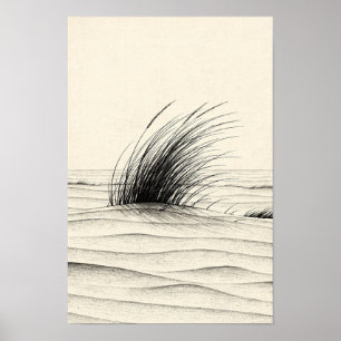 Windblown Beach Grass on Dunes Monochrome Poster