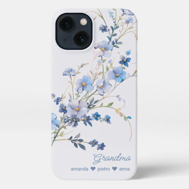 Windflower Grandma Grandkids' Names Blue iPhone Case (Back)