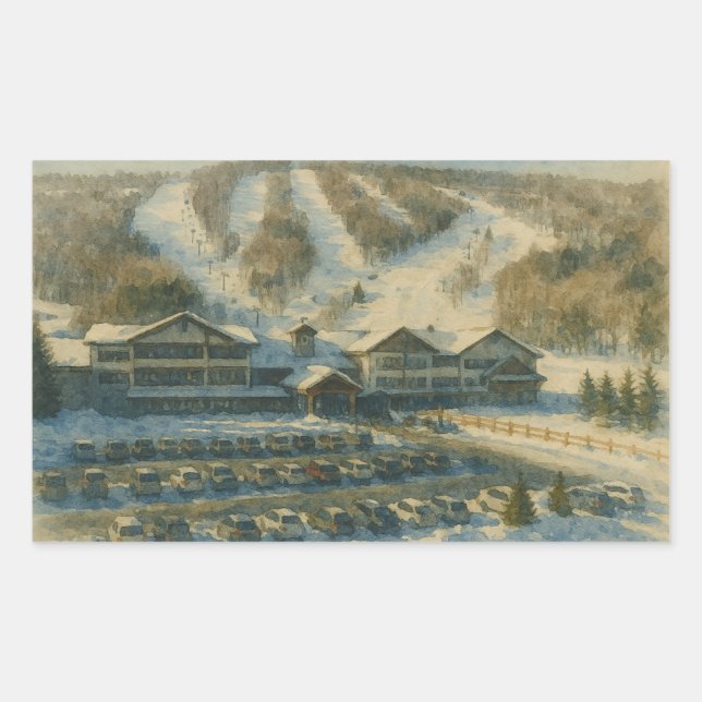 Windham Mountain Ski Lodge – NY Winter Watercolor Rectangular Sticker (Front)