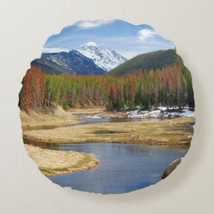 Winding Colorado River With Mountains and Pines Round Cushion