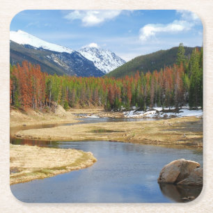 Winding Colorado River With Mountains and Pines Square Paper Coaster